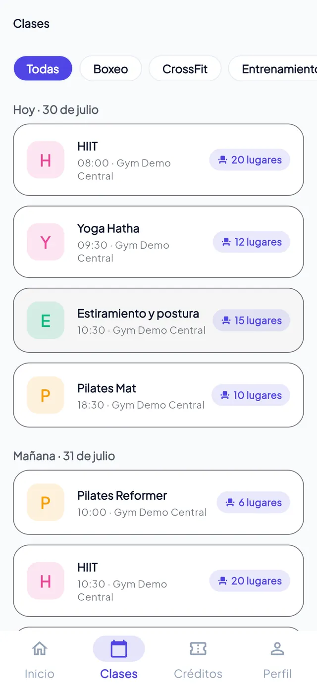 Calendario de clases para reservar