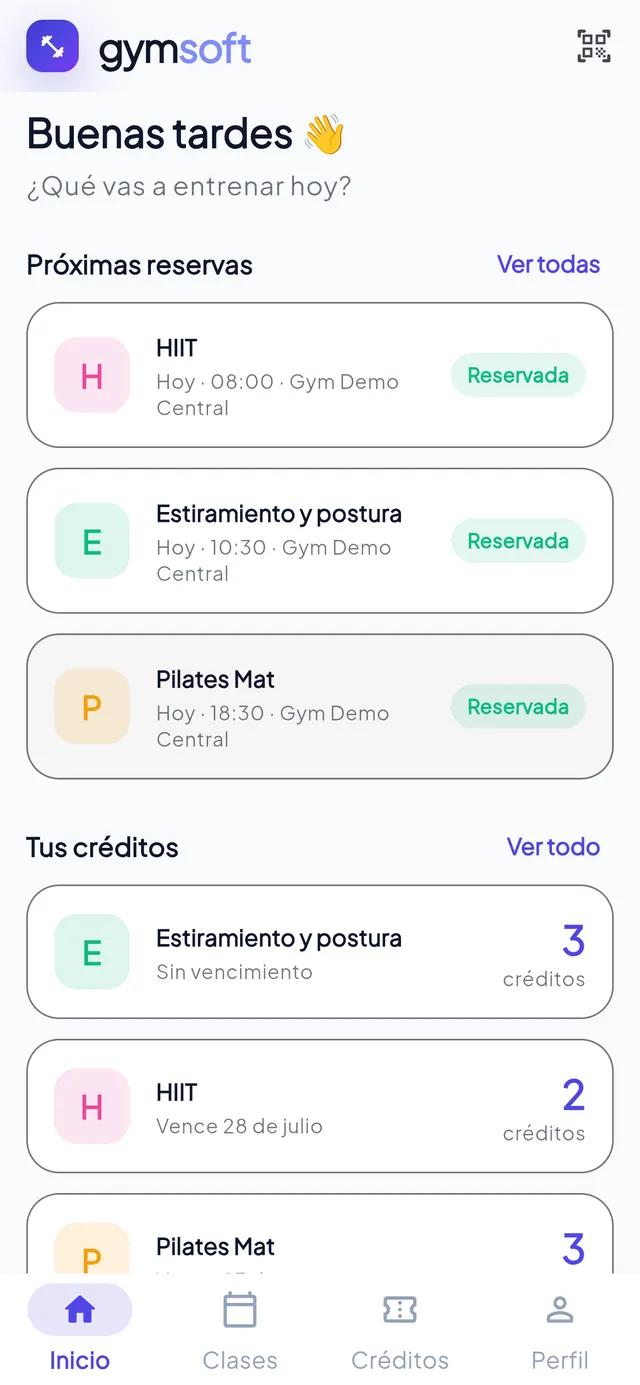 App del socio: próximas reservas y créditos disponibles