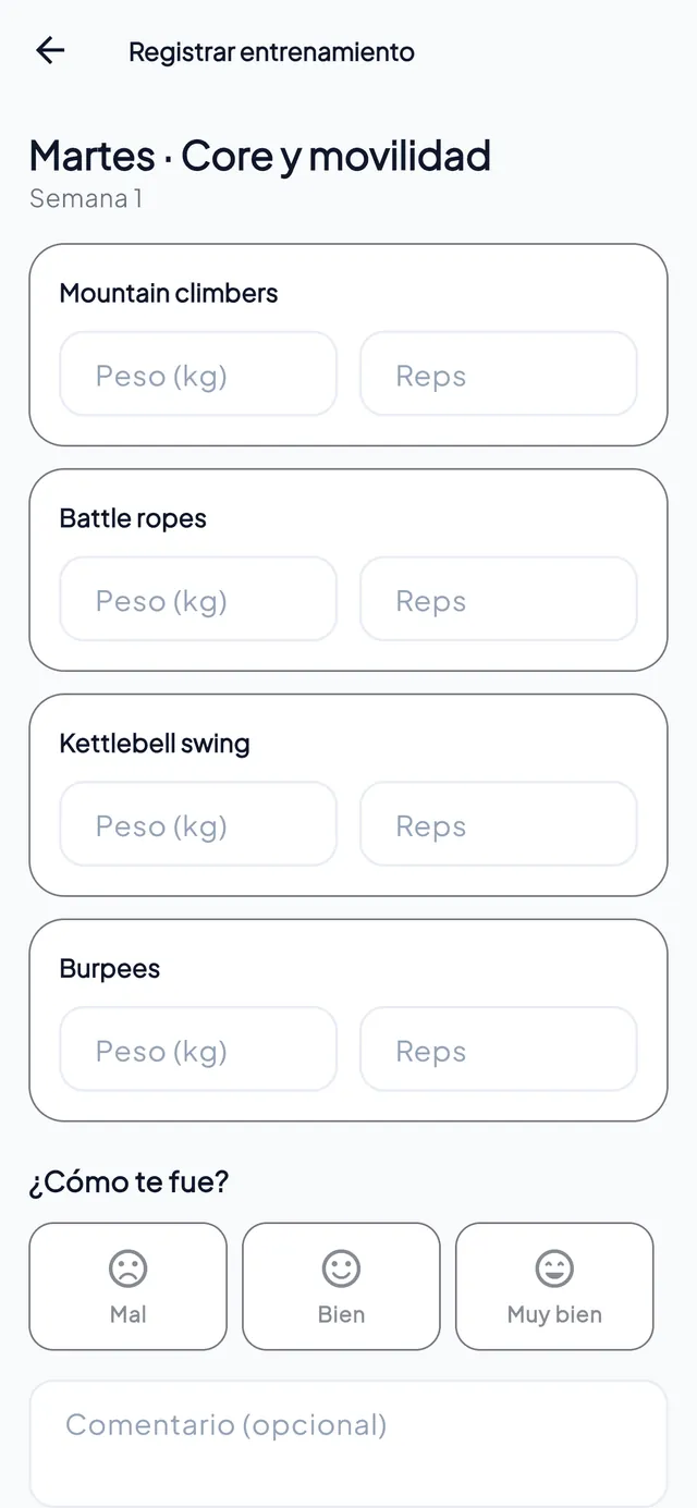 Registro de peso, repeticiones y percepción